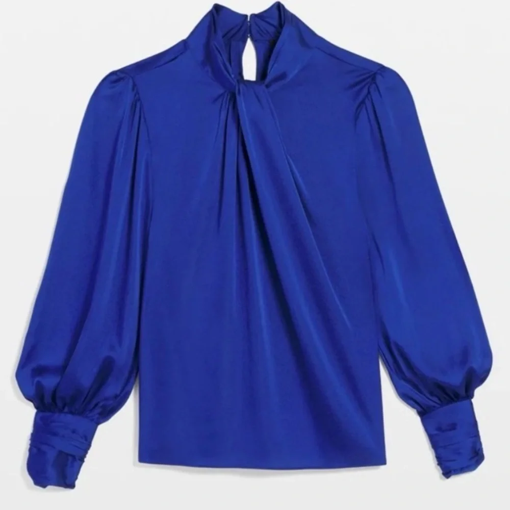 WHBM Chic Royal Blue Long Sleeve Twisted Neck Satin Blouse size 4 - Picture 3 of 15